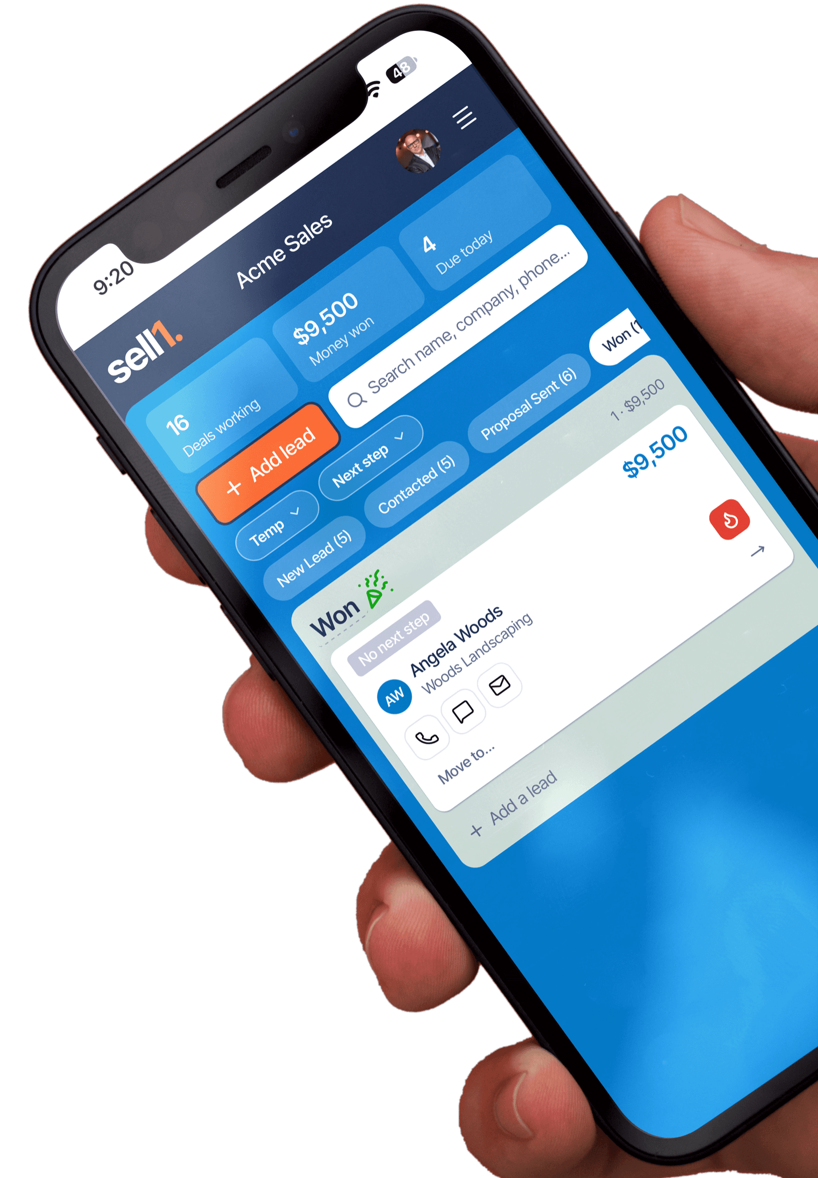Sell1 open on a phone, a deal being moved into Won