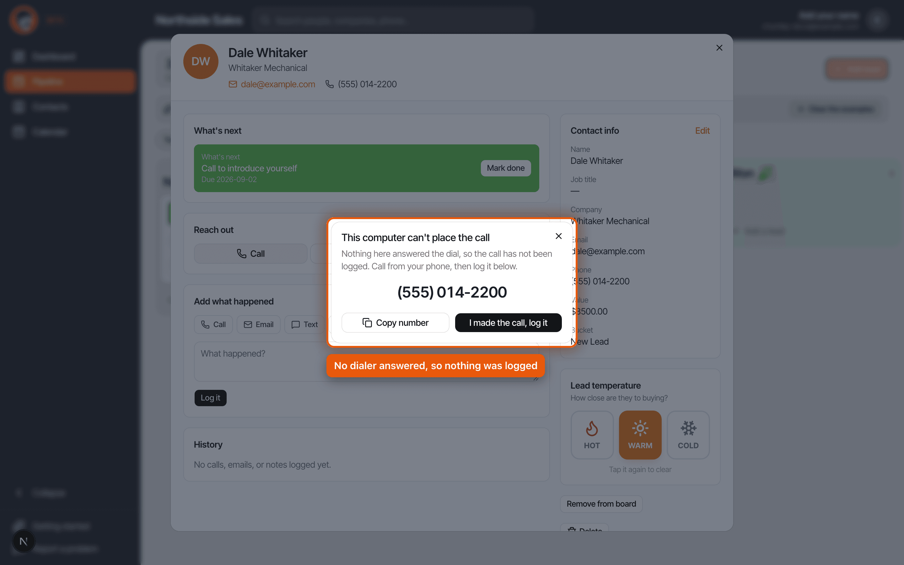 Chumley showing the phone number and a log it button after no dialer answered
