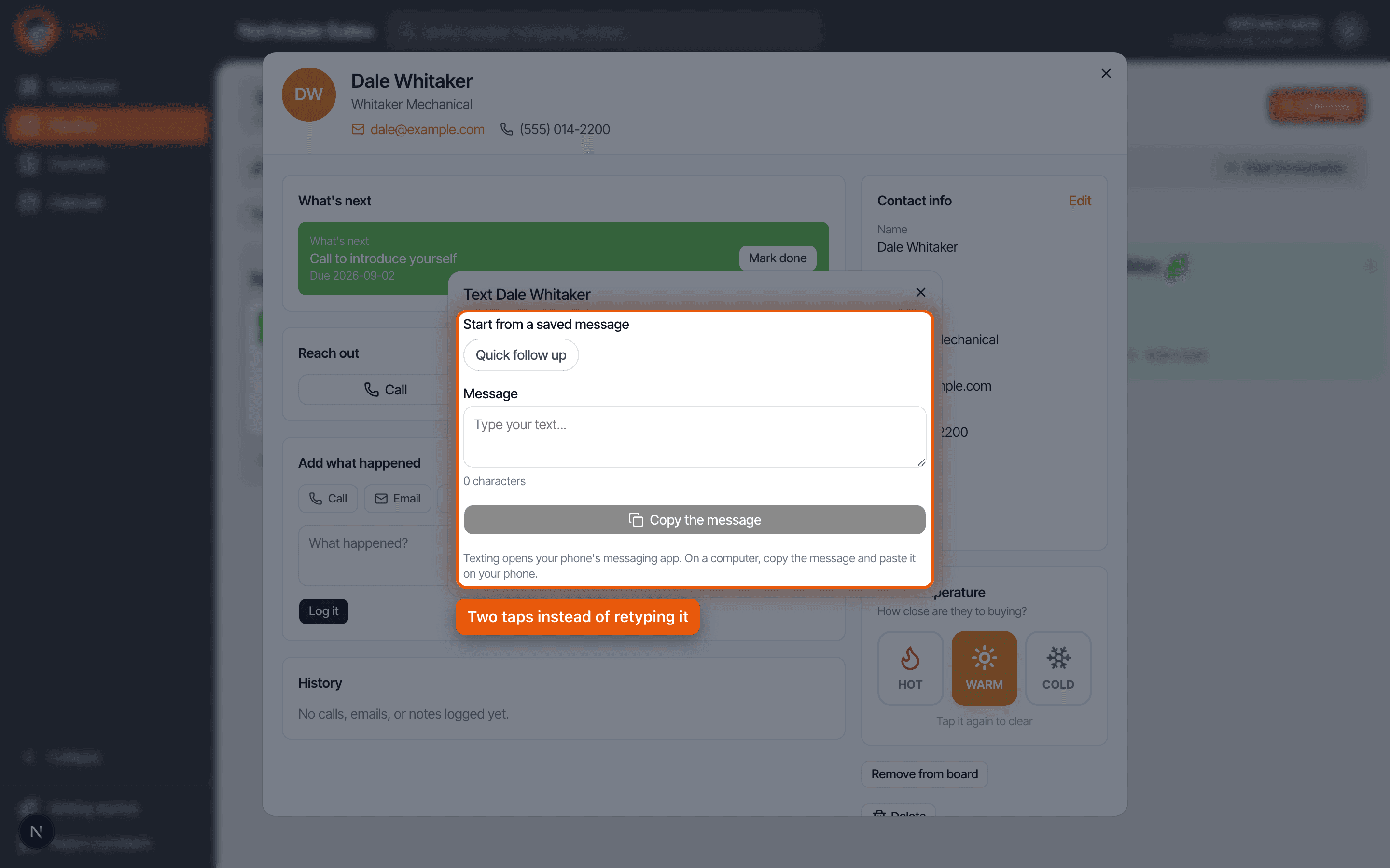 The text compose sheet in Chumley with a saved message ready to pick