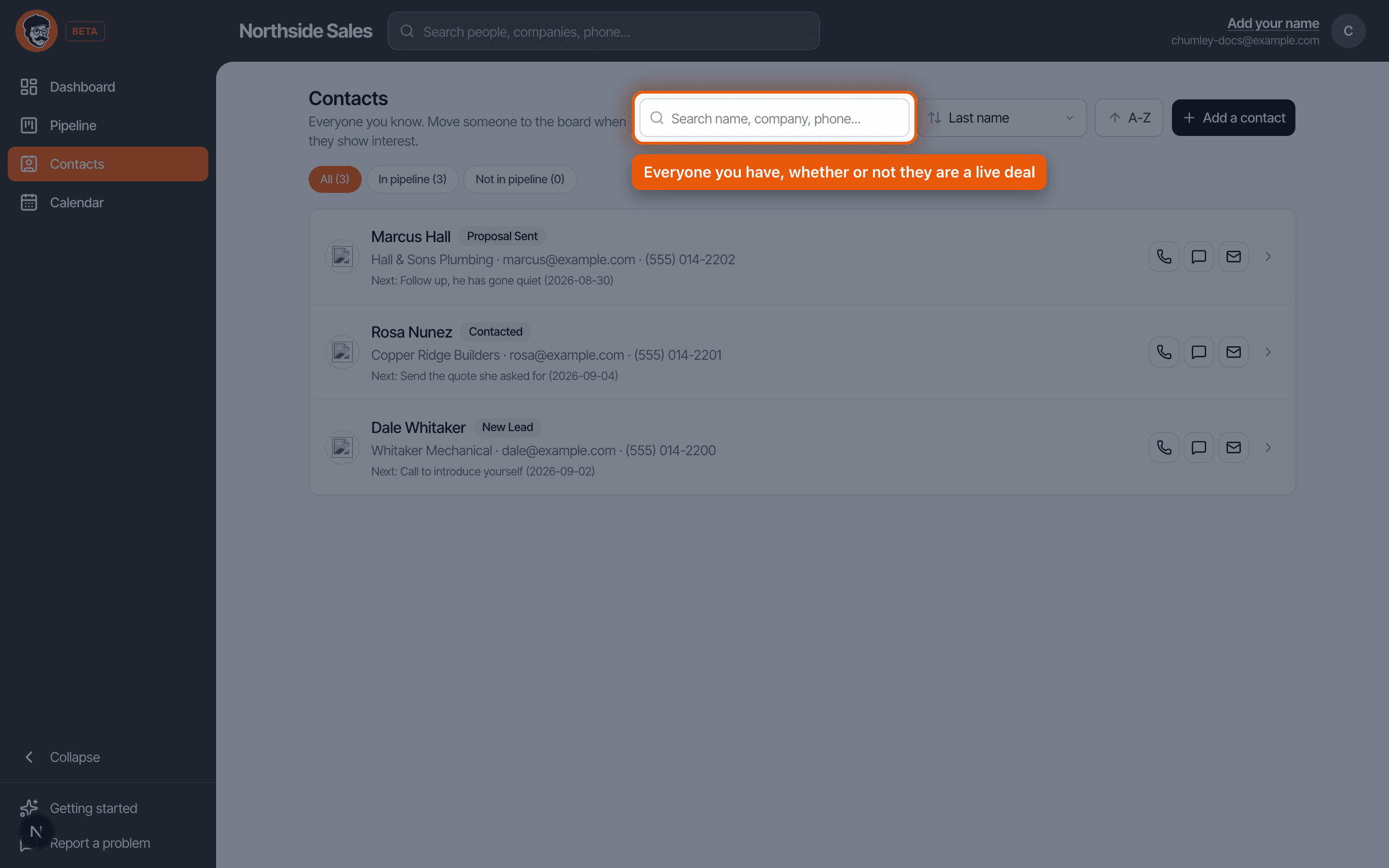 The Chumley contacts list with its search box ringed