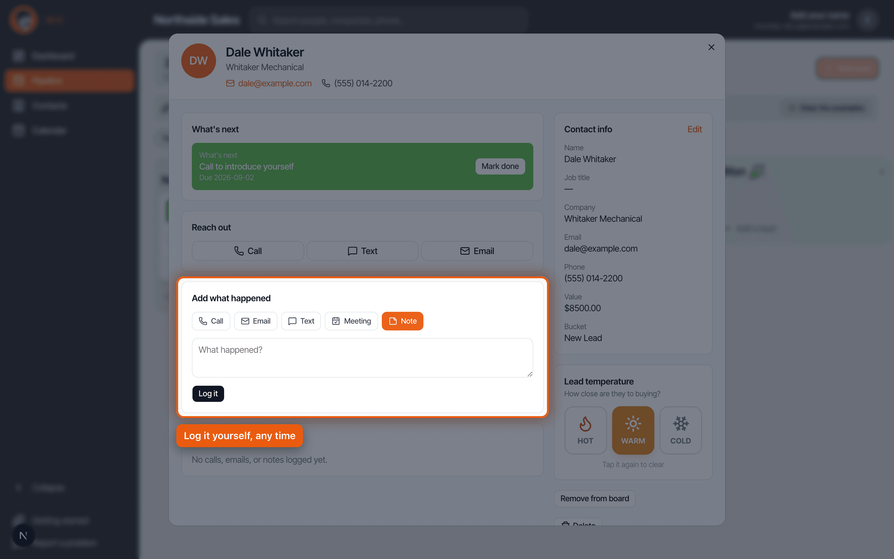 The Add what happened section of a lead, with buttons for call, email, text, meeting and note
