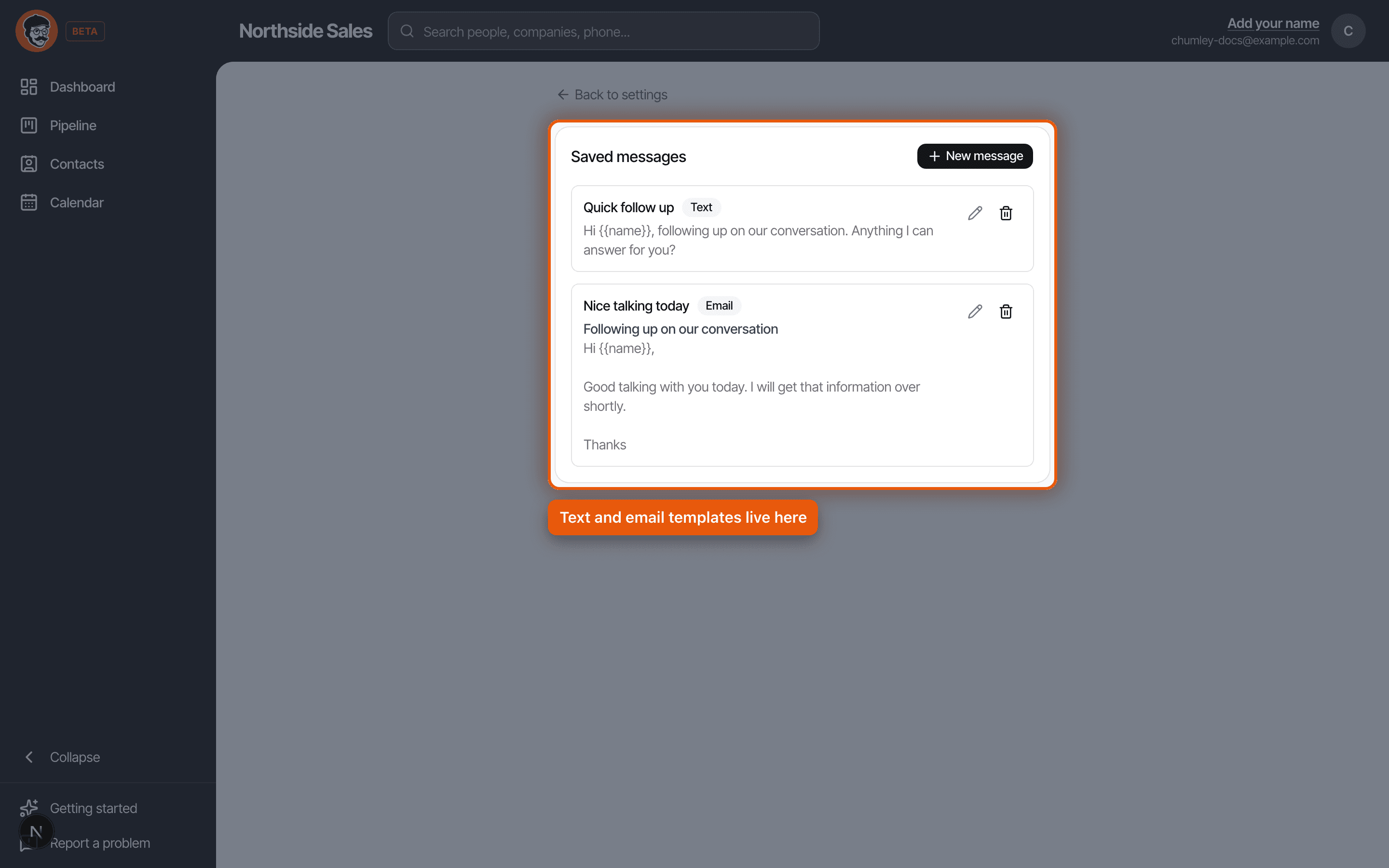 The saved messages settings page in Chumley