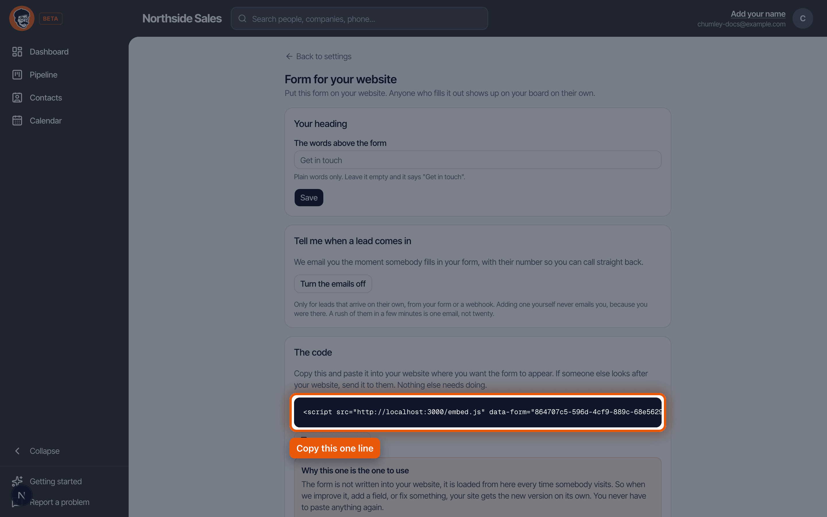 The website form settings page with the one line embed code ringed