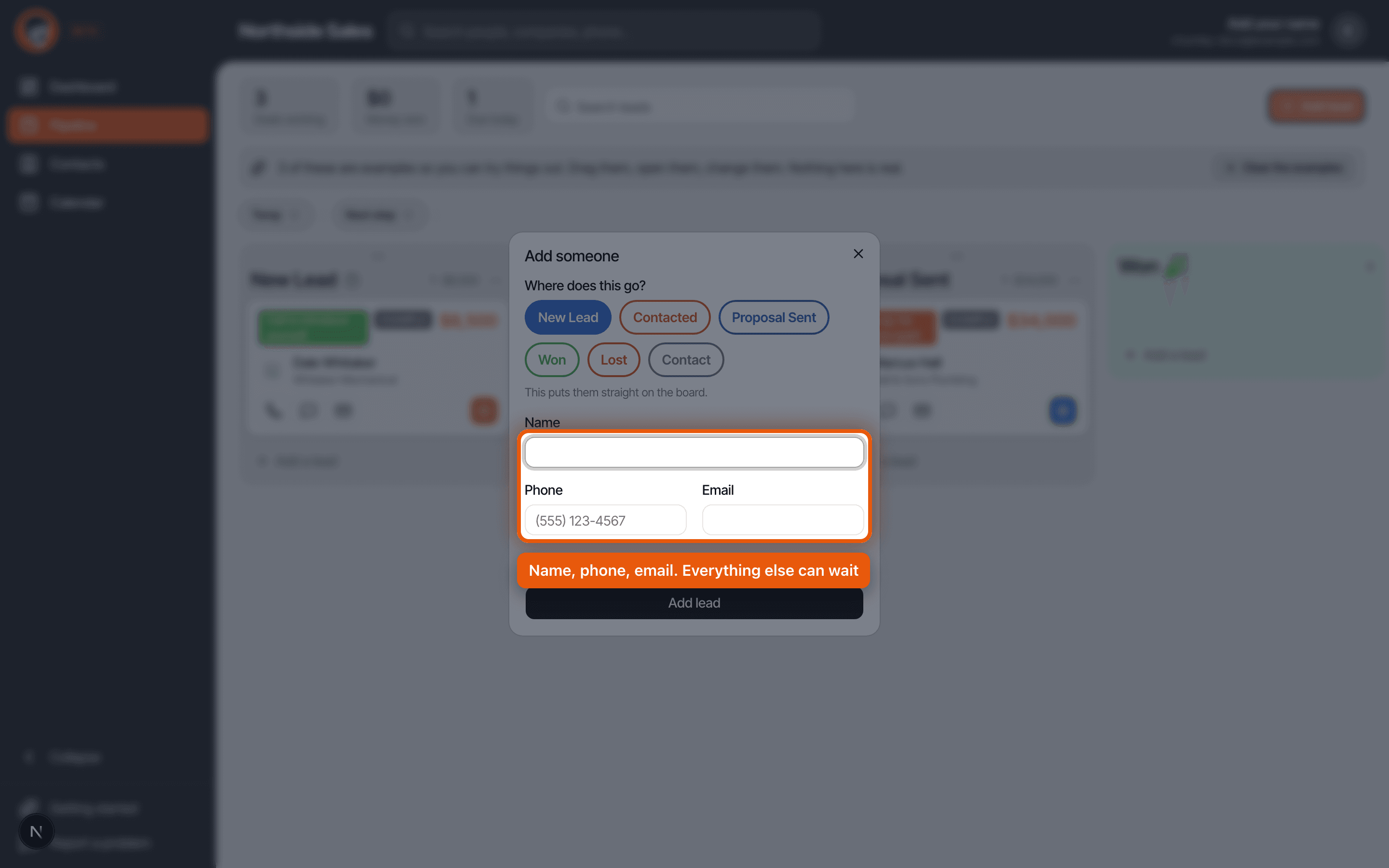 The Add a deal dialog, asking for name, phone and email