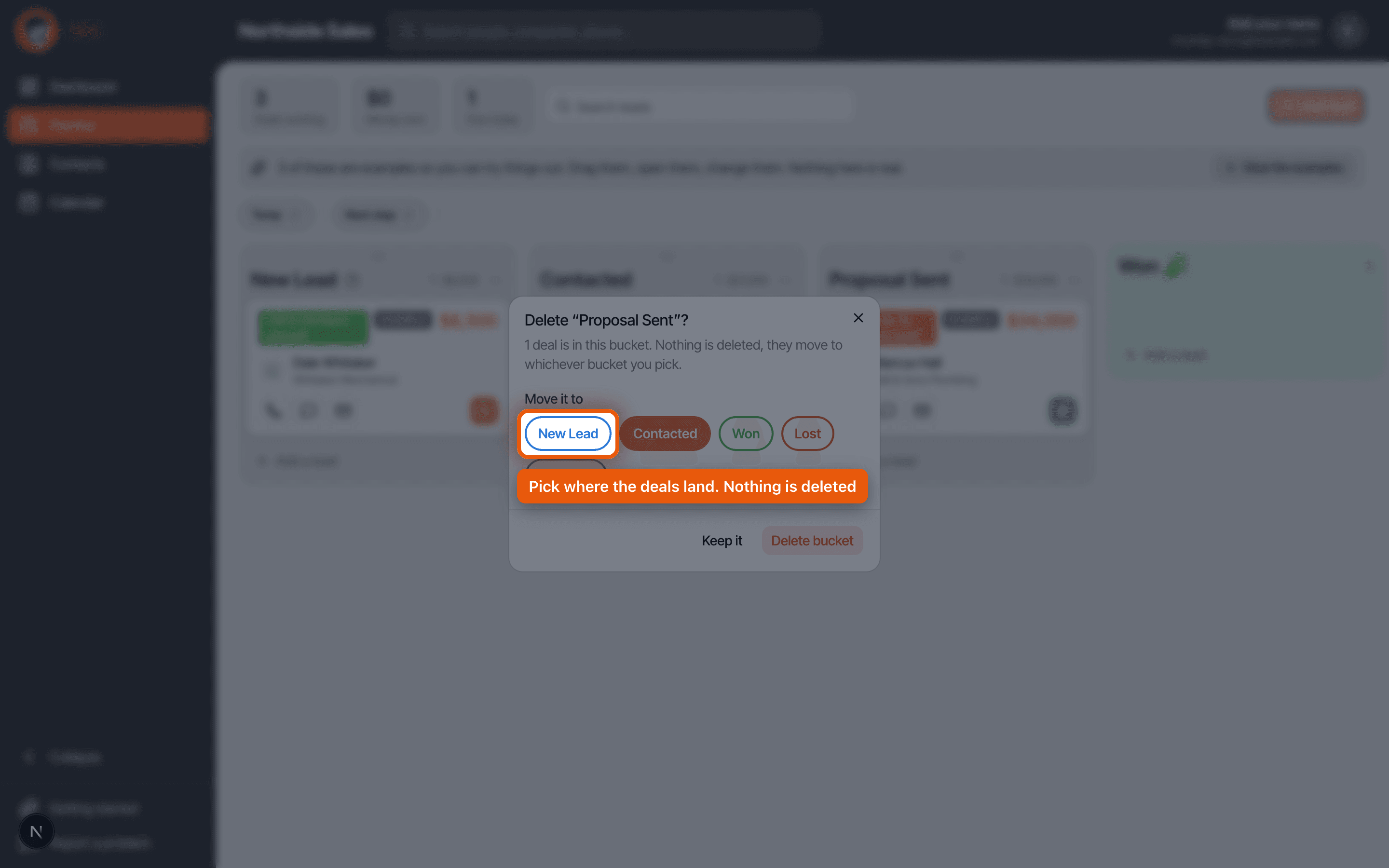 The delete bucket dialog asking which column the deals should move to