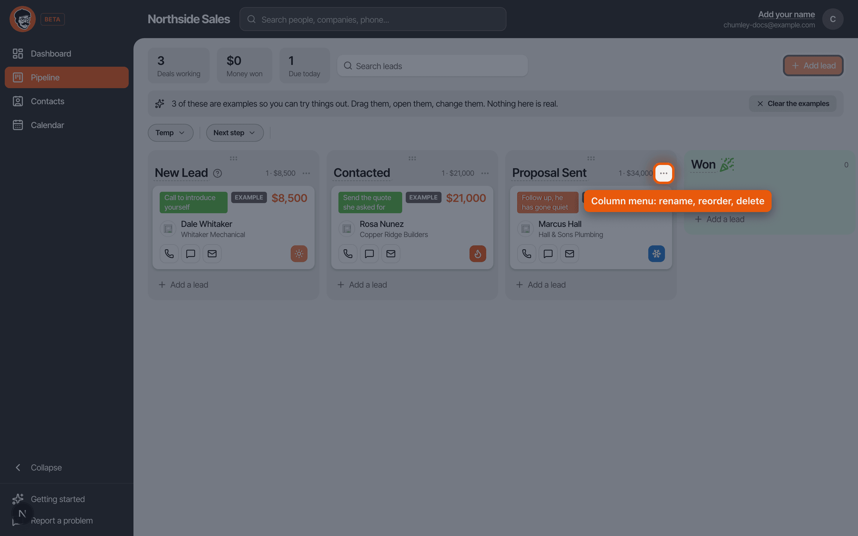 The Chumley pipeline board with four columns and three example deals, with the column menu button ringed