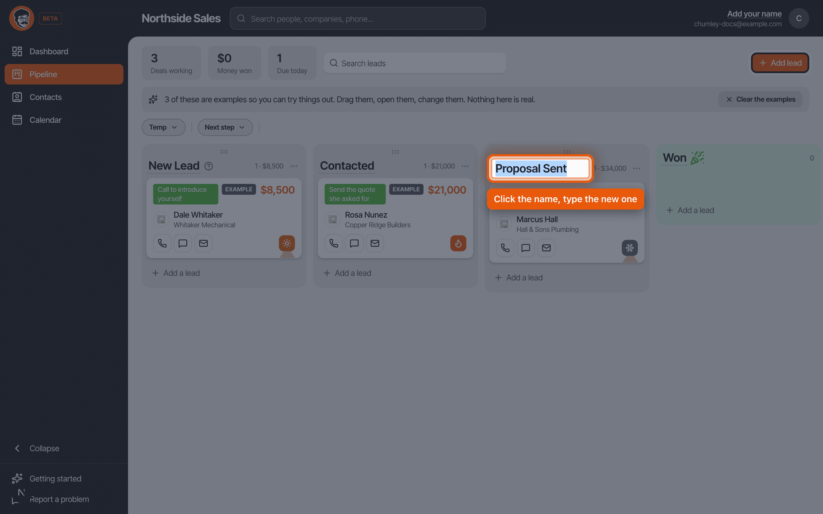 A pipeline column name turned into an editable text box, ready to be renamed
