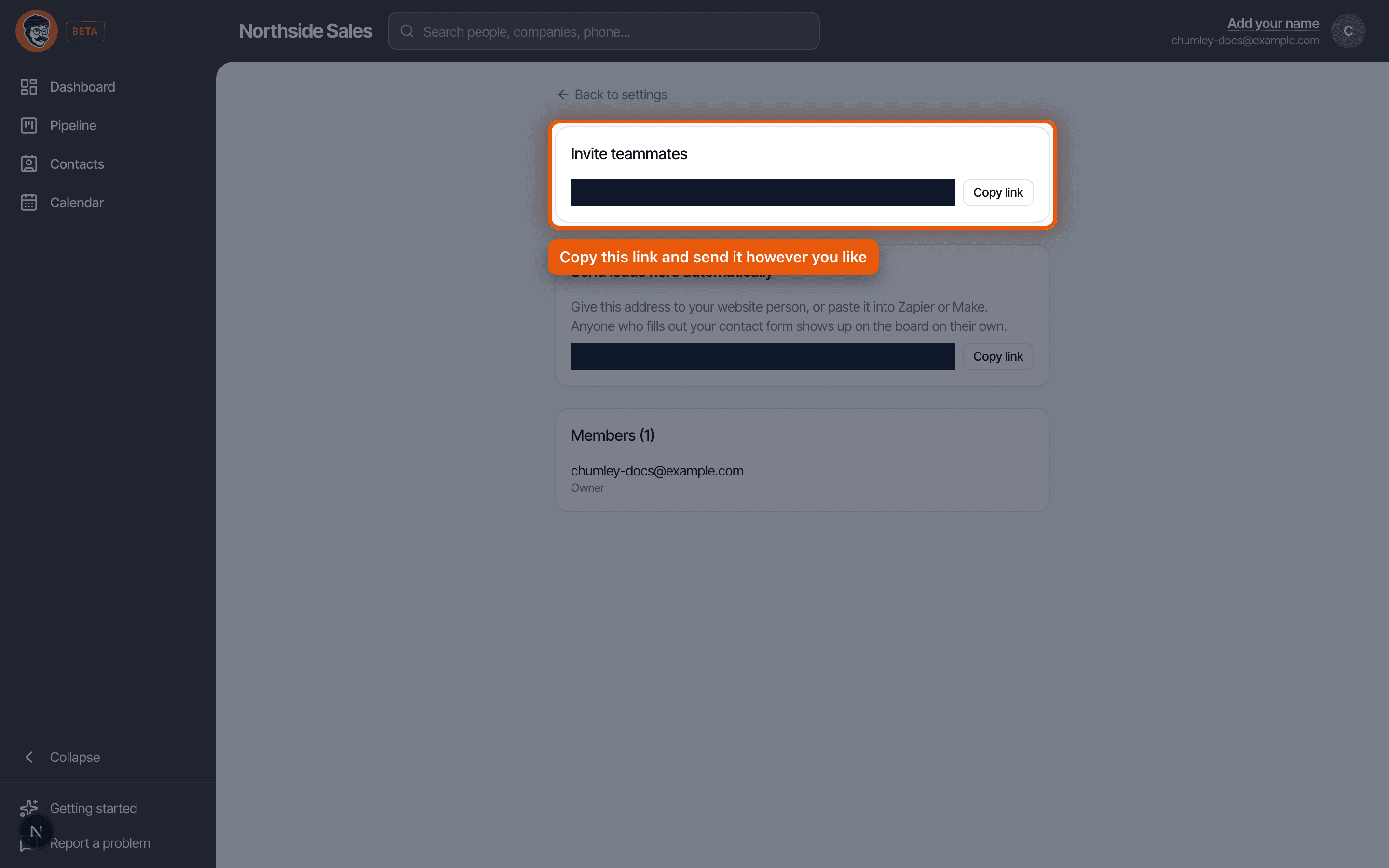 The Chumley team settings page, with the invite link section ringed. The link itself is blacked out